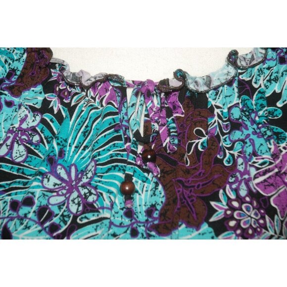 Lori Michaels Colorful Palm Print Top Blouse Size S Crop Short Sleeve Elastic Wa - Picture 3 of 10